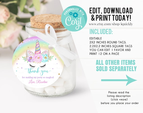 EDITABLE Unicorn favor tags, Thank you tags, Gift Tags, Unicorn Party favor Printable Template, Magical Unicorn GIRL One Instant download Il_570xn
