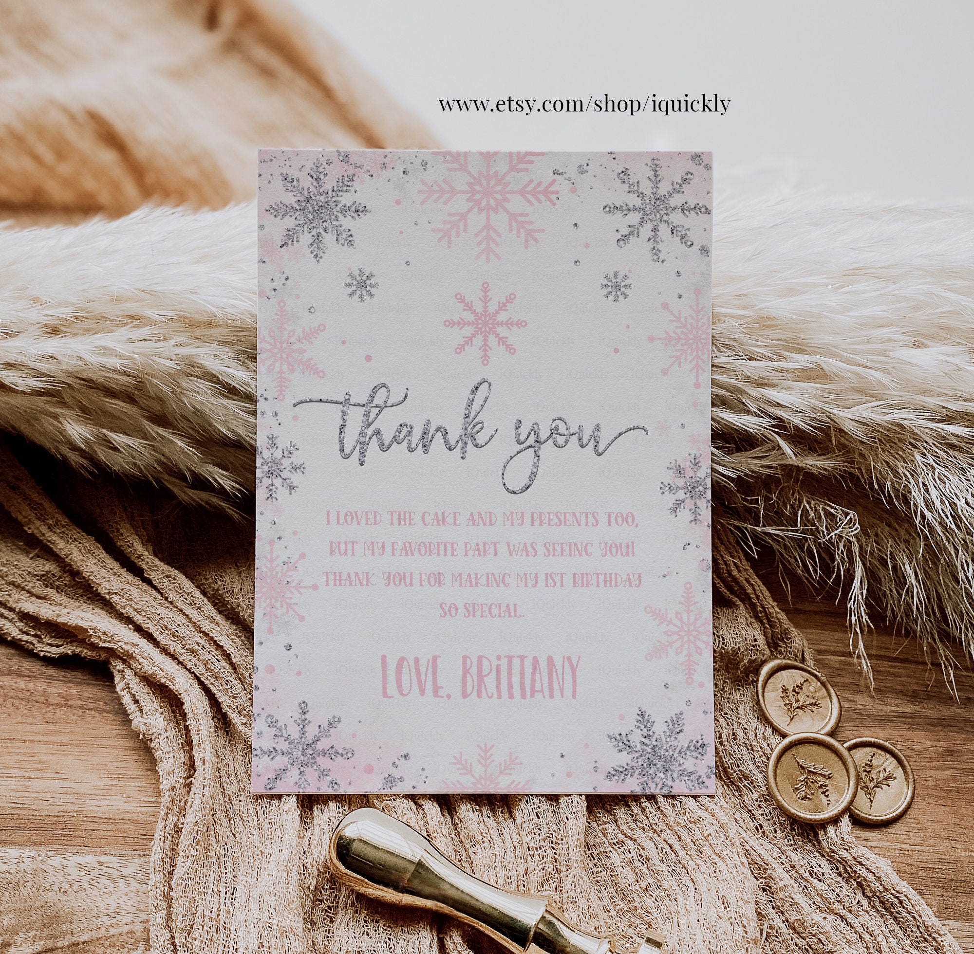 Editable Winter Onederland Thank You Card, Girl Snowflake First ...
