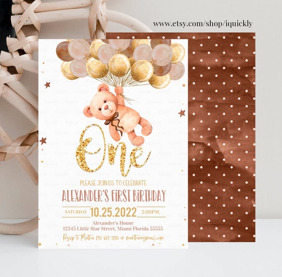 Editable Teddy Bear Birthday Invitation Boy Bear Themed Invite,1st Birthday Bear with Balloons Invitations template digital Instant download Il_570xn