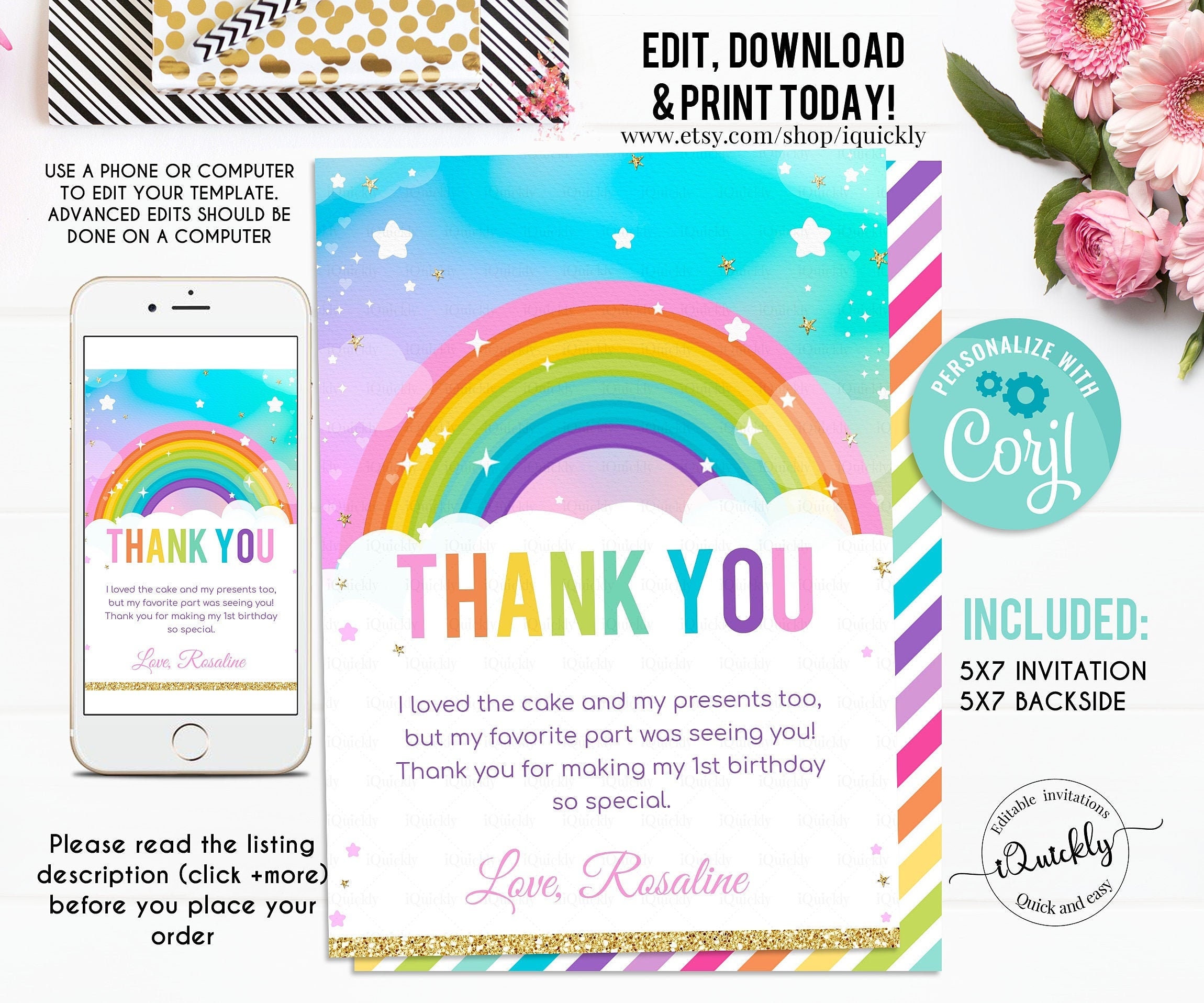 Rainbow Thank you card EDITABLE, ANY Age, Rainbow Confetti Thank you note Party Girl or Boy, instant Download Printable Digital Template