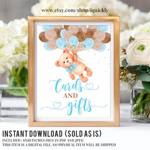 Teddy Bär Baby Dusche Karten und Geschenke Zeichen, 8 x 10 Ballon Karten und Geschenke Zeichen, druckbare Bär Baby Dusche Zeichen Digital Sofort Download