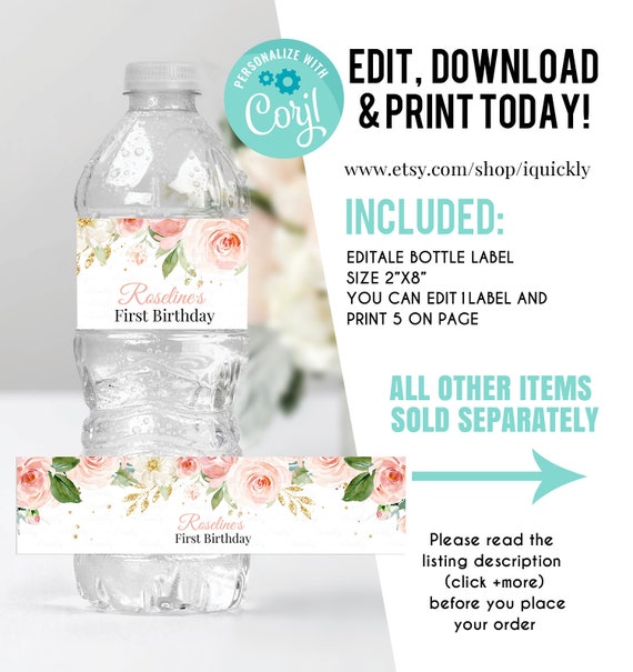 EDITABLE Blush Pink Floral Bottle Label, Water labels Printable 1st Birthday Template, Pink and gold Boho Girl, One Instant download Il_570xn