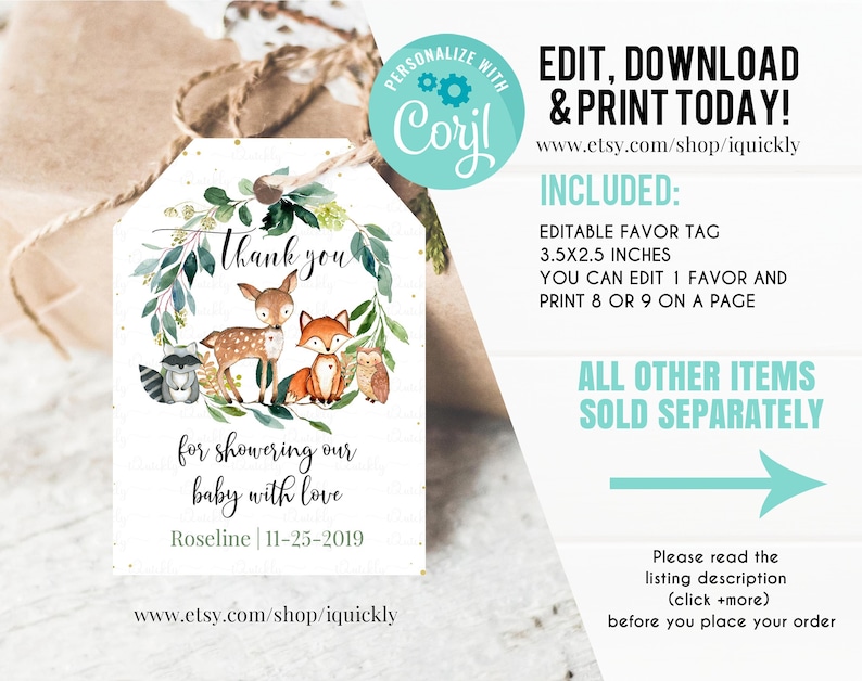 Woodland Baby Shower Favor tags EDITABLE, Gender Neutral, woodland animals Thank you tags, Gift tags Woodland Theme Invites Instant download image 1