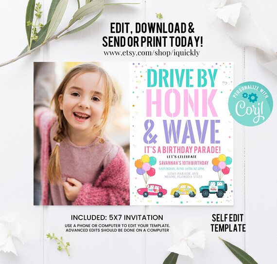 Editable Drive By Birthday Parade Invitation Drive By Kids Birthday Party Photo Invite Drive Through Honk Wave Car Parade Quarantine party Il_570xn