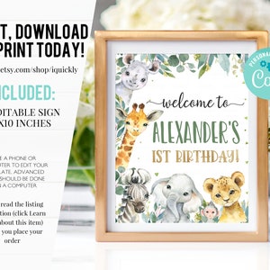 May include: Editable 8x10 inch sign with a jungle theme. It features a giraffe, zebra, elephant, lion, and monkey with green leaves and gold lettering. The text reads "Welcome to Alexander's 1st Birthday!"