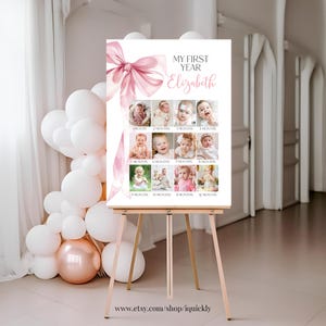 Boog verjaardag maandelijkse mijlpaal fotoposter bewerkbare roze strik foto teken banner decoratie afdrukbare sjabloon digitale download