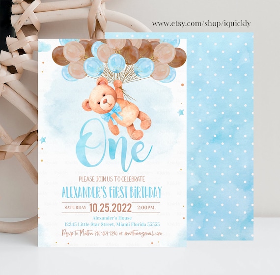 Editable Teddy Bear Birthday Invitation Boy Bear Themed Invite,1st Birthday Bear with Balloons Invitations template digital Instant download Il_570xn