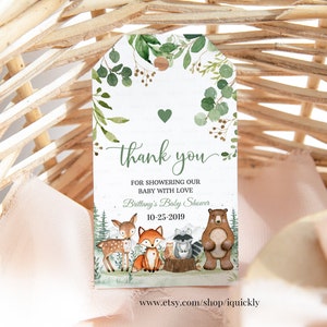 Woodland Baby Shower Favor tags EDITABLE, Gender Neutral, woodland animals Thank you tags, Gift tags Woodland Theme Instant download W206