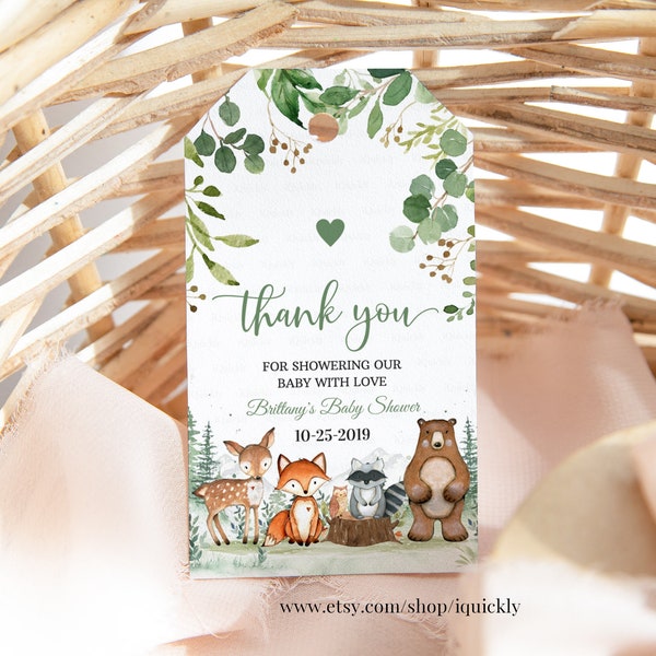 Woodland Baby Shower Favor tags EDITABLE, Gender Neutral, woodland animals Thank you tags, Gift tags Woodland Theme Instant download W206