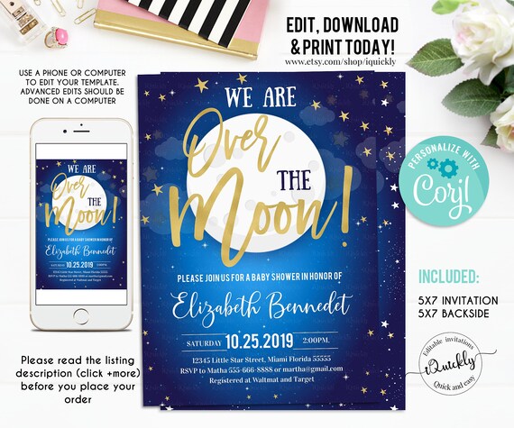 Moon and Star Baby Shower invitation EDITABLE, Over the Moon Invites, Space themed Invitations, Galaxy Instant download Printable Template Il_570xn