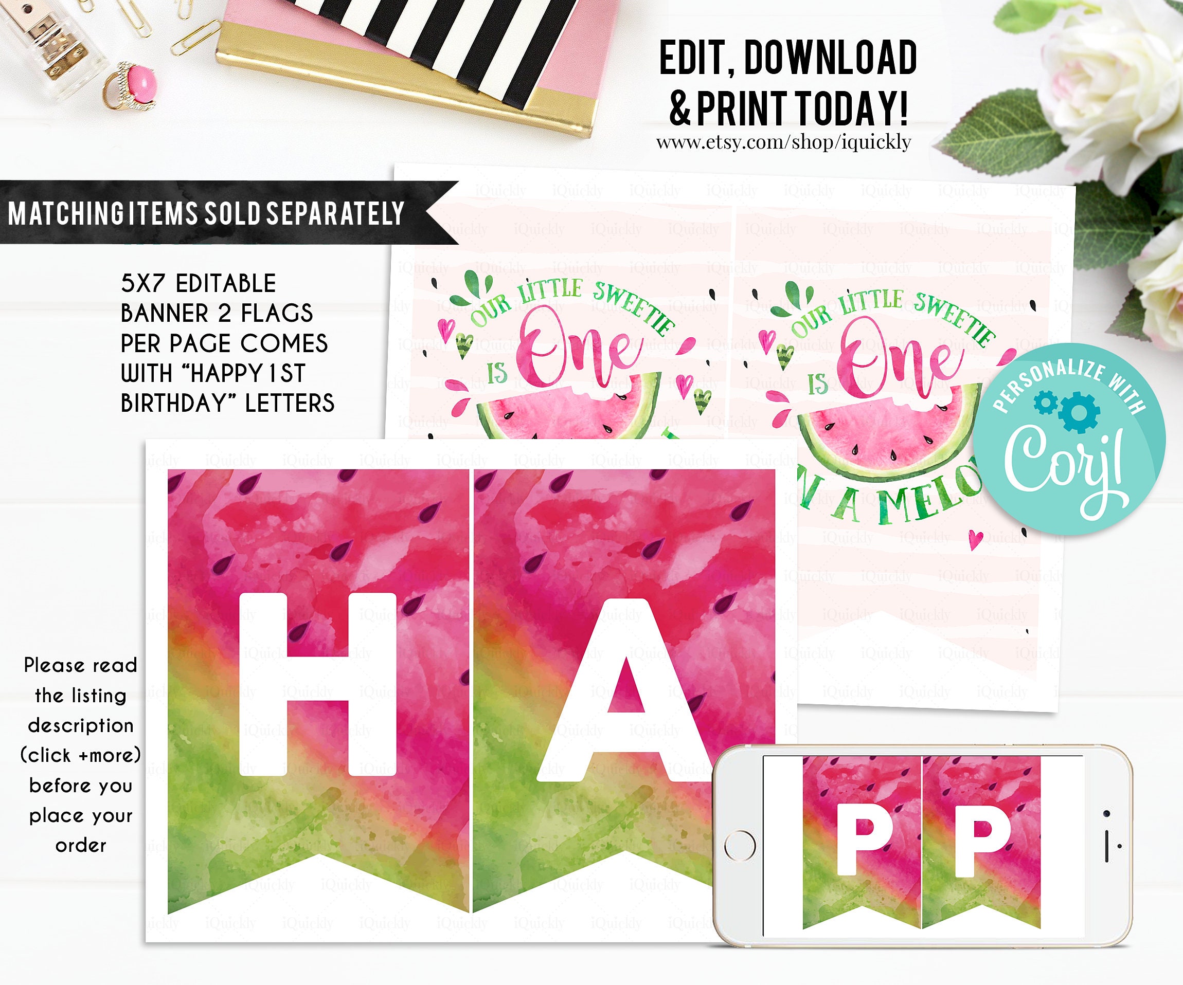Editable Watermelon Invitation, One in a Melon First Birthday ...