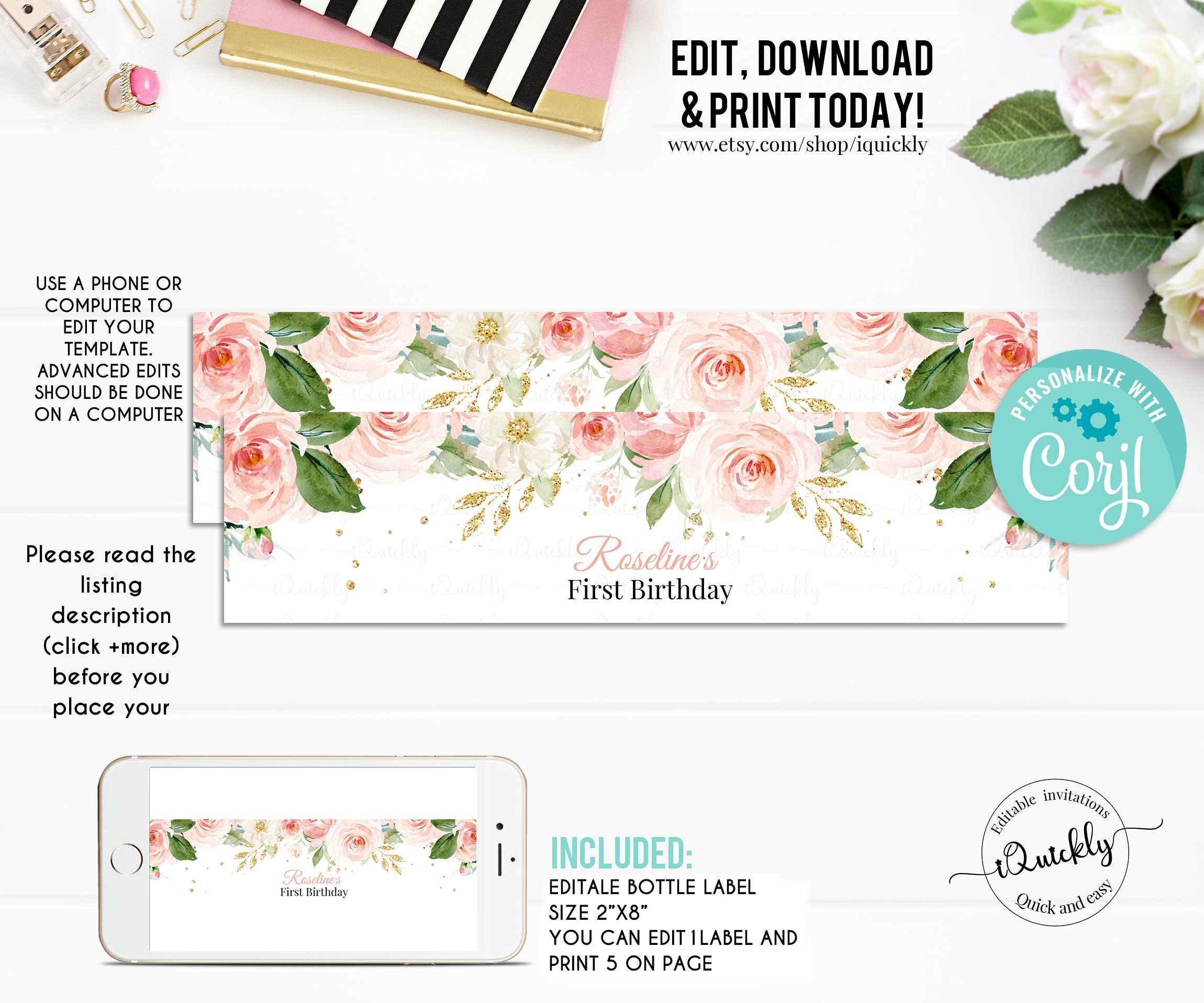 EDITABLE Blush Pink Floral Bottle Label Water Labels - Etsy