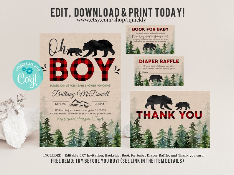 Lumberjack Baby Shower Invitation Bundle Editable, Buffalo Plaid Pack Diaper raffle, Book for Baby Set, Rustic Boy Package, Instant Download image 1