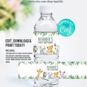 May include: Editable water bottle label template featuring a jungle animal theme with a giraffe, zebra, elephant, lion, and rhino. The label says "Alexander's First Birthday" and includes a personalised text box for a name. The label is 8 inches by 2 inches.