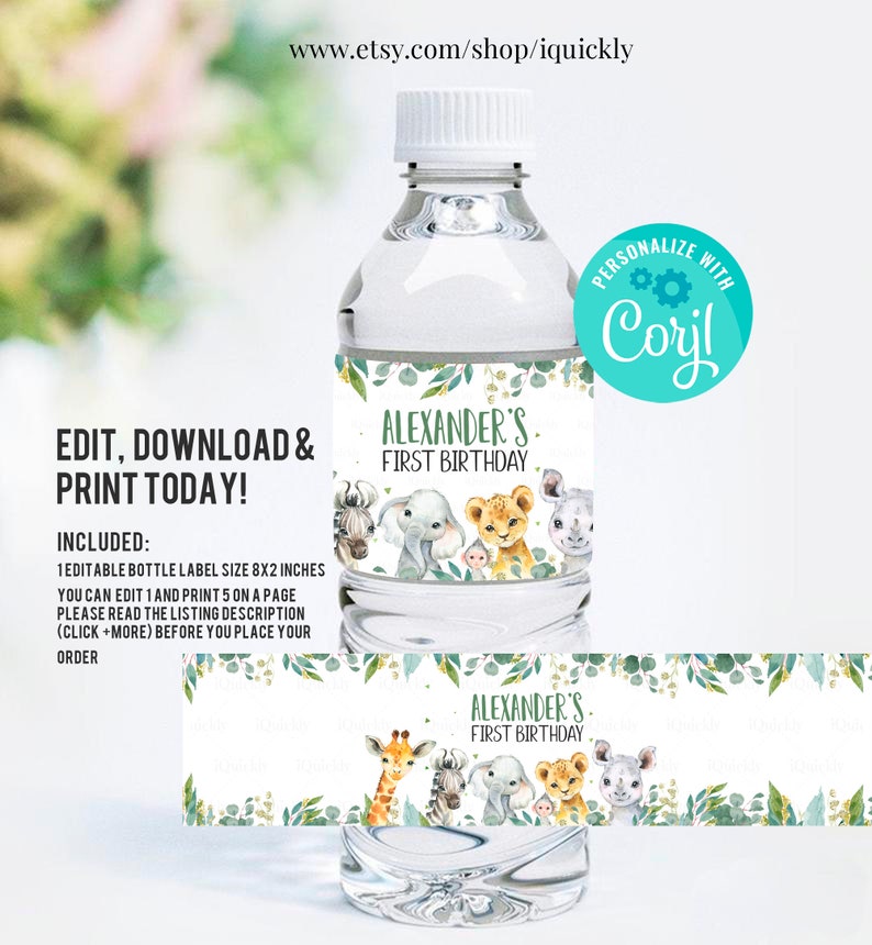 May include: Editable water bottle label template featuring a jungle animal theme with a giraffe, zebra, elephant, lion, and rhino. The label says "Alexander's First Birthday" and includes a personalised text box for a name. The label is 8 inches by 2 inches.