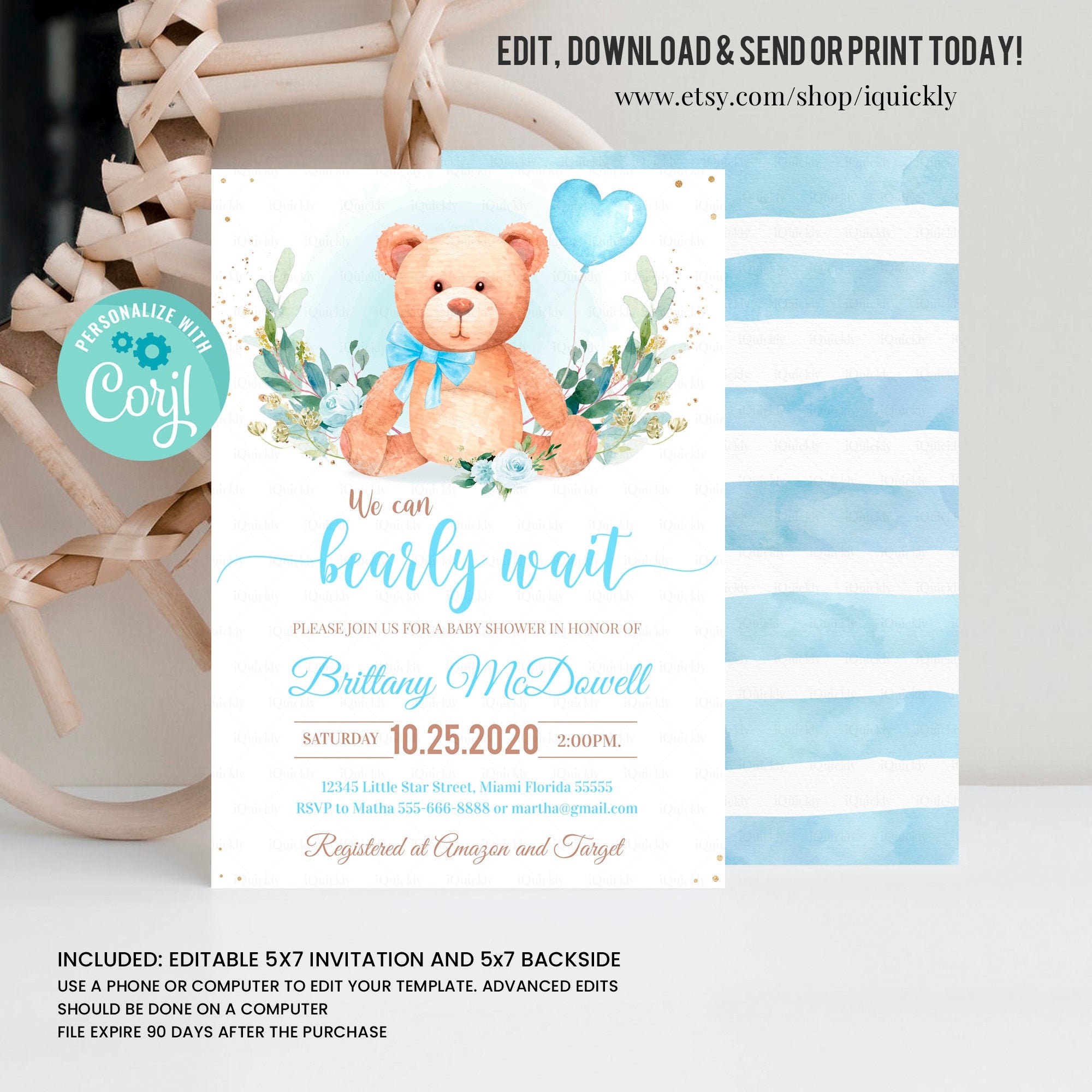 Editable Teddy Bear Baby Shower Invitation Bear Themed Baby Etsy