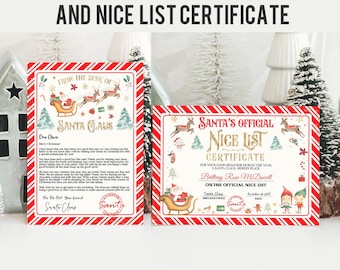 May include: A festive Christmas-themed set featuring an official letter from Santa Claus and a Nice List certificate. Both items have a red and white striped border and include illustrations of Santa, reindeer, and Christmas trees. The text on the items is clearly visible.