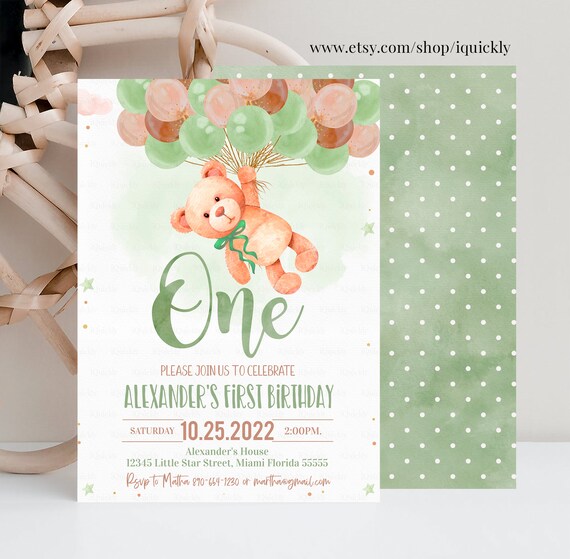 Editable Teddy Bear Birthday Invitation Boy Bear Themed Invite,1st Birthday Bear with Balloons Invitations template Instant download Il_570xn