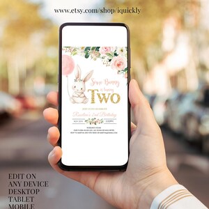 May include: A digital invitation for a second birthday party with a pink and white bunny rabbit holding a pink balloon. The text reads "Some Bunny is turning Two" and includes the date, time, and location of the party.