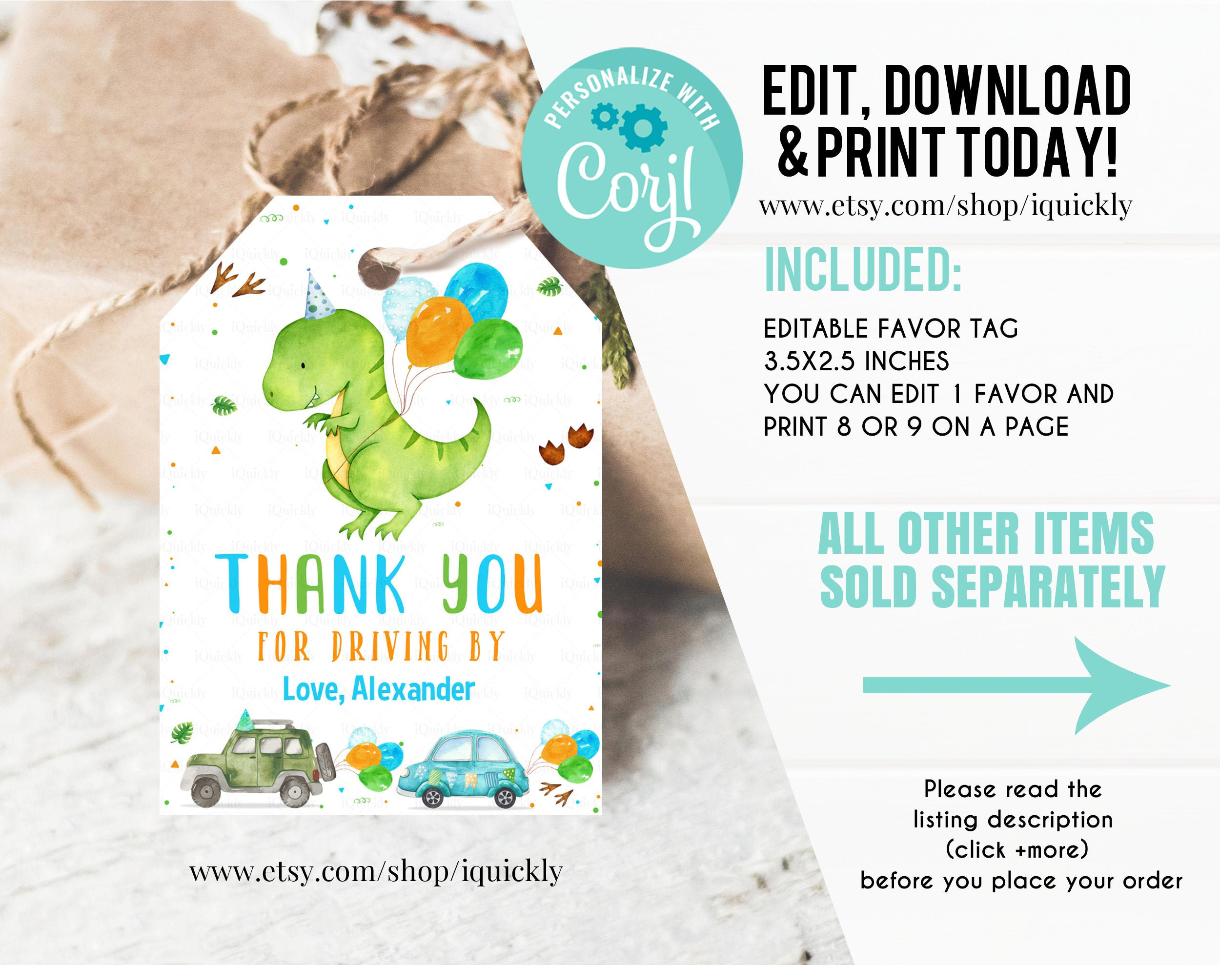 Editable Dinosaur Favor Tag Drive by Birthday Favors Party - Etsy Ireland
