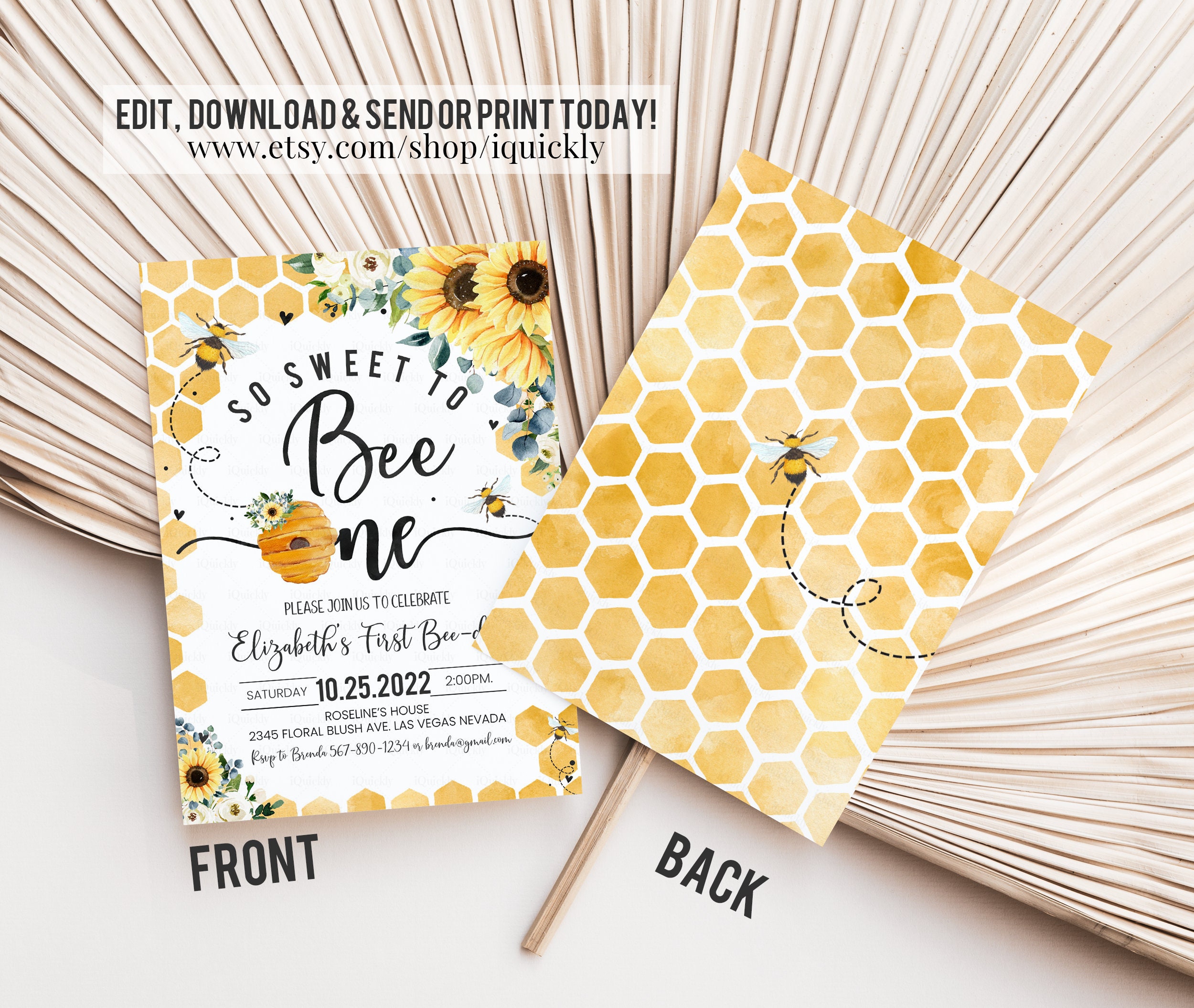 Editable Bee Birthday Invitation Honey Bee Birthday Party Bee 1st ...