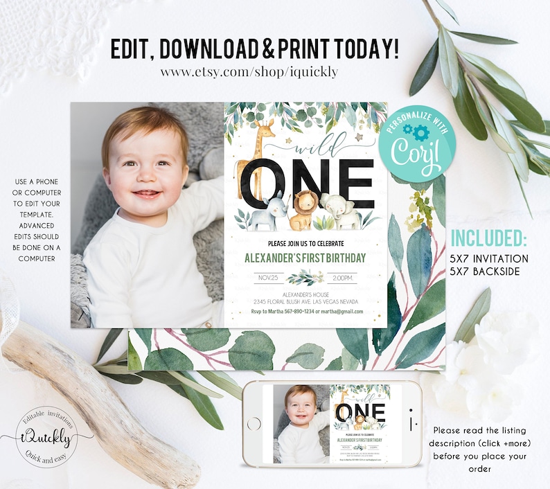 EDITABLE Safari Birthday Invitation, Wild one Boy Invites, First Birthday Jungle animals Photo invitations, 1st birthday Digital download 