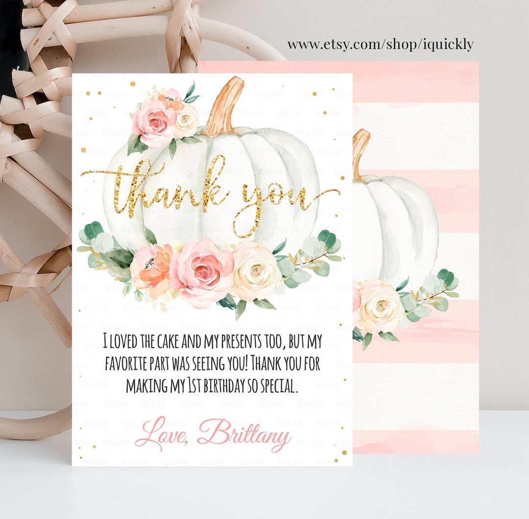 EDITABLE Pumpkin Thank You Card Floral Pink and Gold Girl Pumpkin First ...