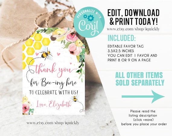 Editable Bee Favor tags, Honey Bee Thank you tags, Gift tags Bumble Bee ...