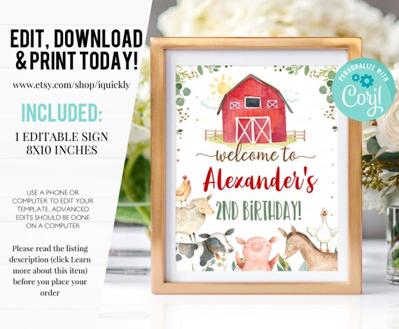 Farm Birthday Welcome Sign, EDITABLE, Gender Neutral, Farm animals Birthday sign, Digital, Farm Theme Party decorations Instant download Il_570xn
