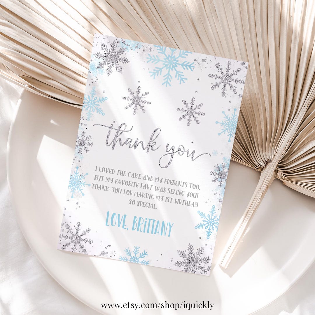 Editable Winter Onederland Thank You Card Boy Snowflake First Birthday ...