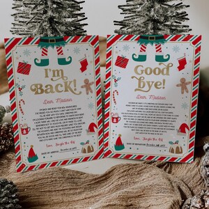 May include: Two Christmas-themed cards with red and green borders. One card reads "I'm Back!" and the other says "Good Bye!" Both cards have elf-themed illustrations and personalized messages.