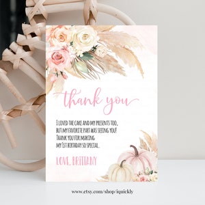 Carte de remerciement citrouille modifiable Floral rose Boho fille petite citrouille premier anniversaire carte de note automne automne téléchargement instantané modèle PB07
