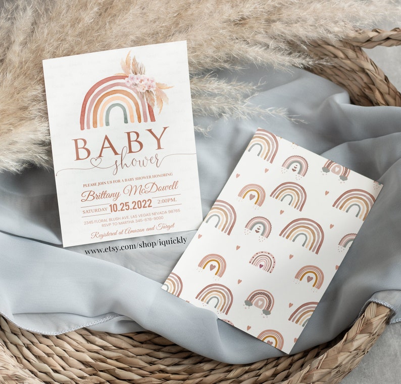 May include: A baby shower invitation with a rainbow design. The invitation is for Brittany McDowell and is scheduled for Saturday, October 25, 2022 at 2:00 PM. The invitation includes the address and RSVP information. The invitation also includes the text "Registered at Amazon and Target" and a website address.