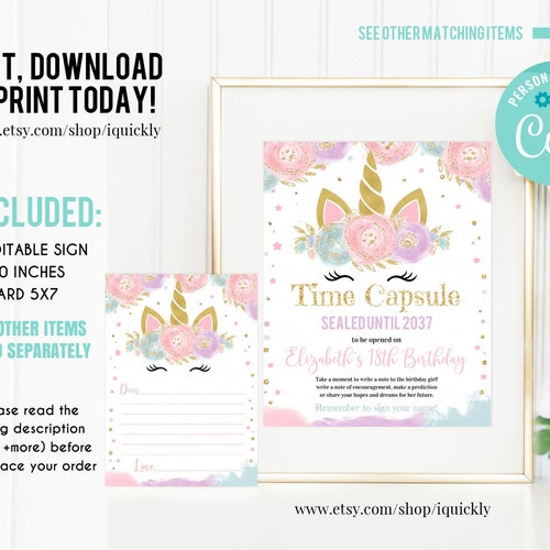 EDITABLE Unicorn Time Capsule Matching Note Cards First - Etsy