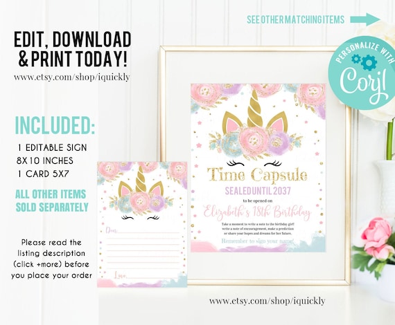 EDITABLE Unicorn Time Capsule Matching Note Cards, First Birthday Unicorn Party, Magical Unicorn 1st Birthday Time Capsule Instant download Il_570xn