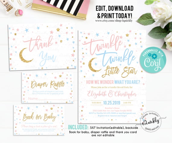 EDITABLE Twinkle Twinkle Little Star Baby Shower Invitation Set, Gender Reveal Shower package, Shower Pack Instant Download Template Digital Il_570xn