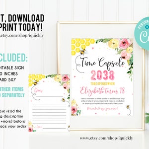 EDITIERBARE Bee Time Capsule Passende Grußkarten Erster Geburtstag Honey Bee Party 1. Geburtstag Time Capsule Sofortiger Download Vorlage Printable