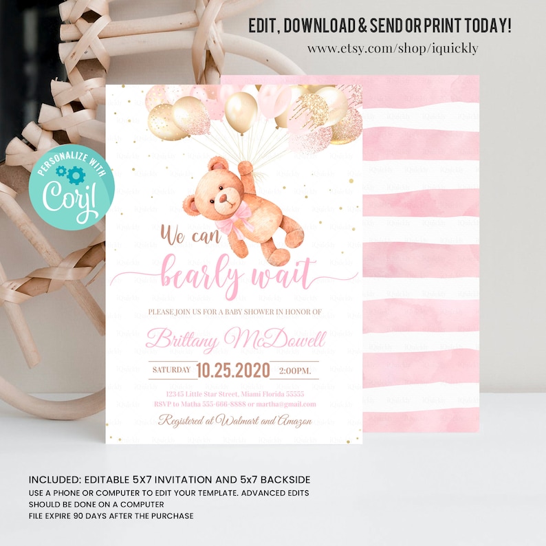 Editable We Can Bearly Wait Baby Shower Invitation Teddy Bear Etsy