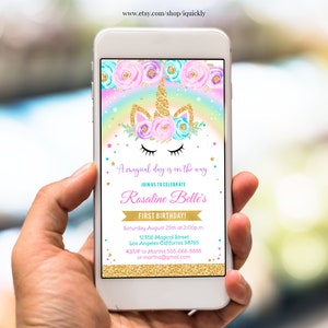 Unicorn Electronic Invitation Editable Unicorn Party Phone Birthday Invitations Magical Invite Girl gold Template Digital Instant Download