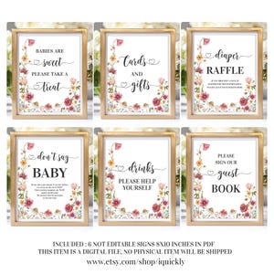 Baby in bloei Babyshower bord Bewerkbaar Wildflower Bloemen Tuin Tafelbord Kaarten Cadeaus Baby's zijn lief Luierloterijsjabloon Digitaal
