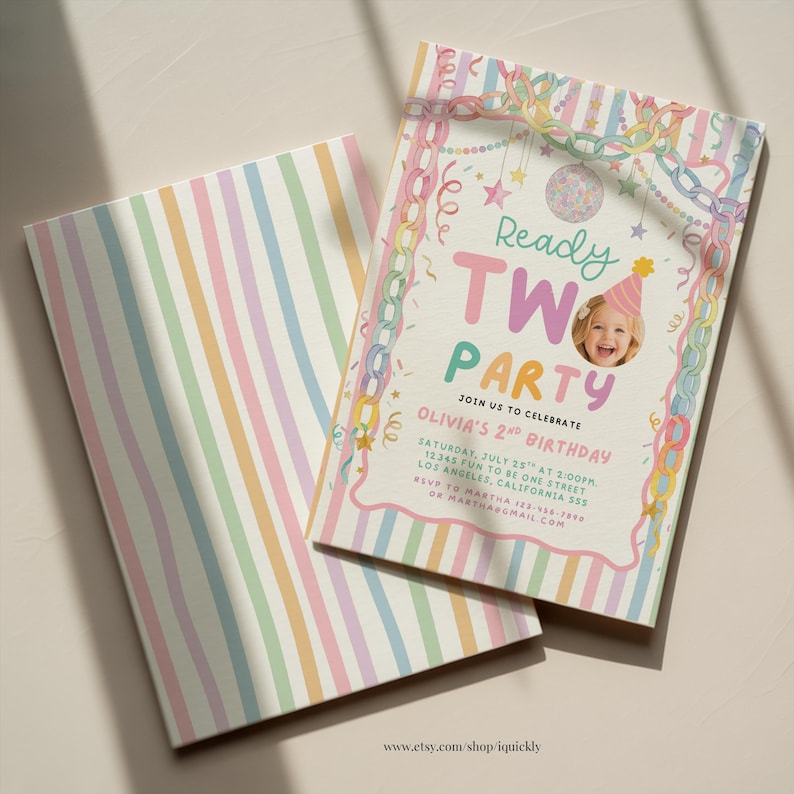 May include: A rectangular birthday invitation card featuring pastel vertical stripes and a decorative border of colorful paper chains. The text reads Ready TWO PARTY, Olivia's 2nd Birthday, with event details and a circular photo of a child in a party hat.