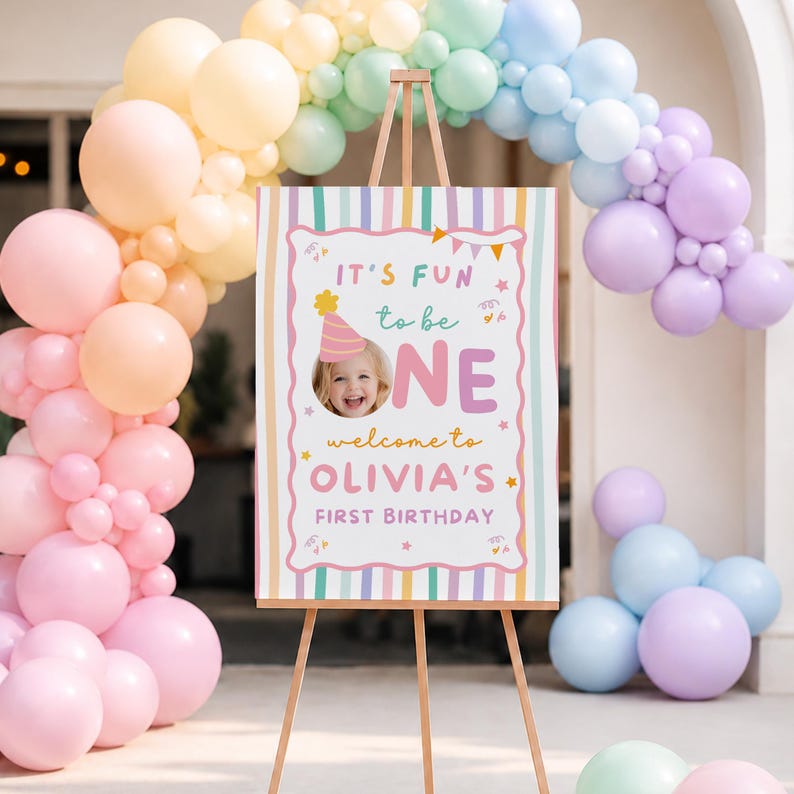 Divertente poster fotografico per il primo compleanno, Uno è divertente, cappellino da festa, cartello per il primo compleanno, cartello colorato per il primo compleanno di una bambina, foto personalizzata per il primo compleanno immagine 6