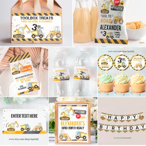 May include: Construction themed party decorations with yellow and black color scheme.  Includes a welcome sign, banner, cupcake toppers, water bottle labels, favor tags, and a treat box.  The text on the sign reads "Welcome to Alexander's 3rd Birthday". The banner reads "Happy Birthday".