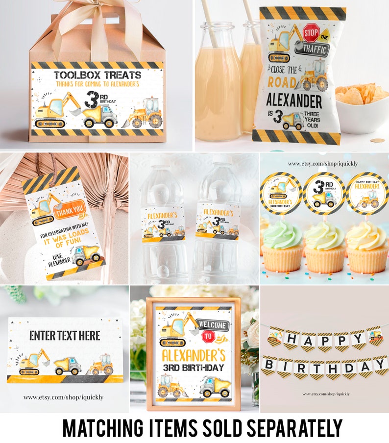 May include: Construction themed party decorations with yellow and black color scheme.  Includes a welcome sign, banner, cupcake toppers, water bottle labels, favor tags, and a treat box.  The text on the sign reads "Welcome to Alexander's 3rd Birthday". The banner reads "Happy Birthday".