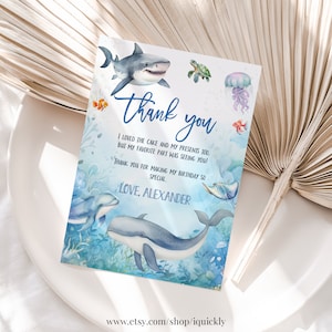 Editable bajo el mar Cumpleaños Gracias tarjeta Oneder Nota coche Animales marinos Océano Ballena Tiburón Pescado Plantilla imprimible Descarga instantánea US01