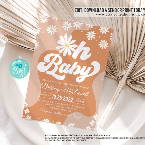 Editable Groovy Baby Shower Invitation, Boho Retro Baby Shower Invite, 70's Hippie Printable template digital Instant download