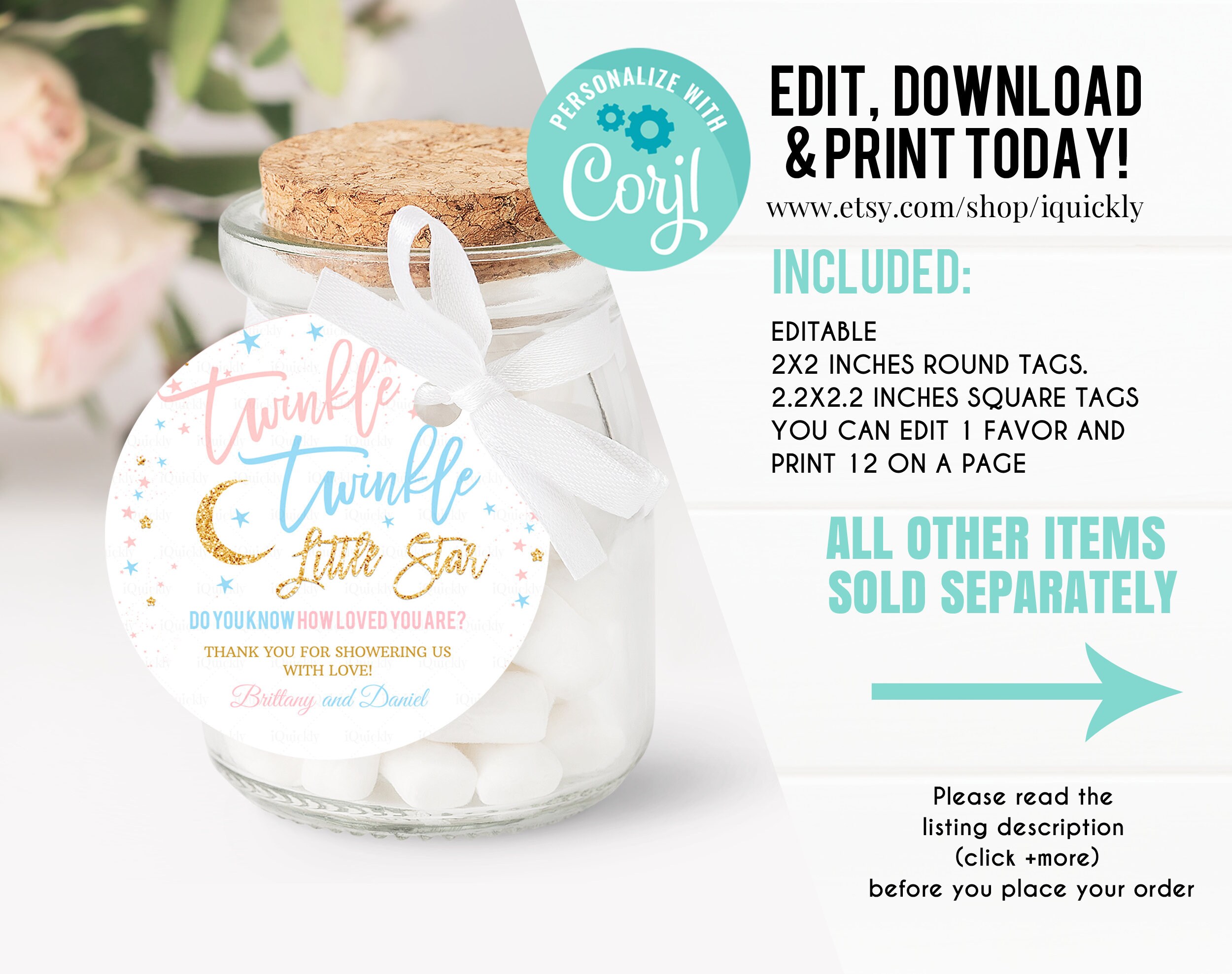 Twinkle Twinkle Little Star Baby Shower Favor tags EDITABLE, Gender reveal blue and Gold Thank you tags, Gift tags Instant download