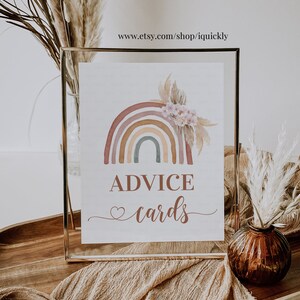 Cartões de conselhos para chá de bebê Boho Rainbow, grama de pampas Cartões de conselhos para chá de bebê Boho 8x10 para impressão digital download instantâneo RAI001