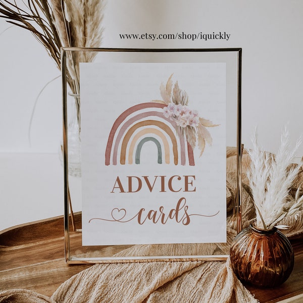 Boho Rainbow Baby Shower Advice Cards Sign, Pampas grass Boho Baby Shower Advice Cards 8x10 Printable Digital Instant Download RAI001