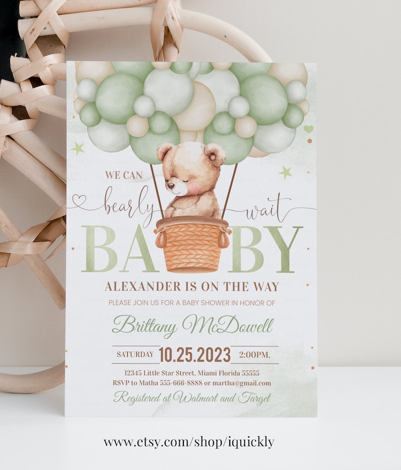 Editable We Can Bearly Wait Baby Shower Invitation Teddy Bear Hot Air ...